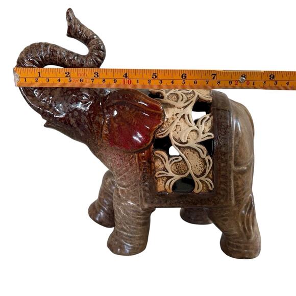 Vintage Ceramic Elephant Figurine Brown Red Glazed Filigree Cutout 7” Trunk Up - Picture 10 of 12